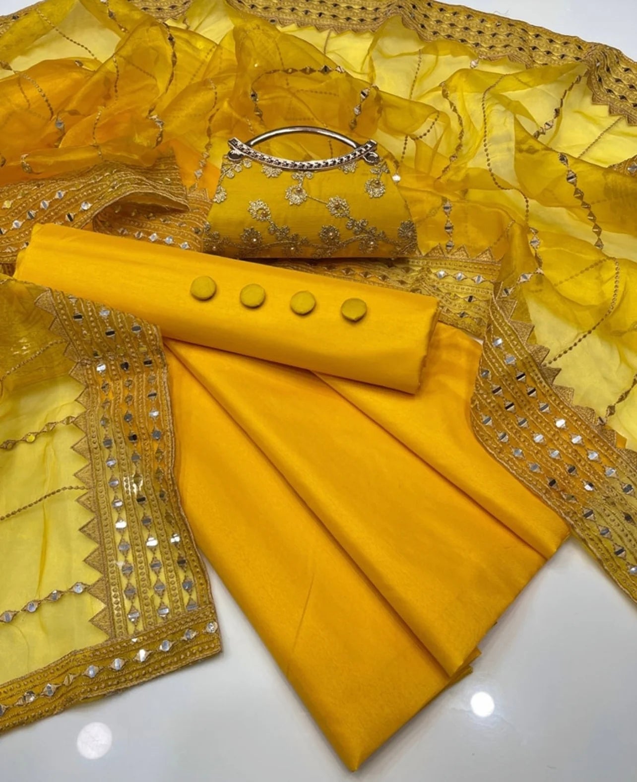 Fancy 4PC Katan Silk Outfit – 9mm Organza Dupatta + Stylish Clutch