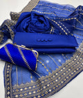 Fancy 4PC Katan Silk Outfit – 9mm Organza Dupatta + Stylish Clutch
