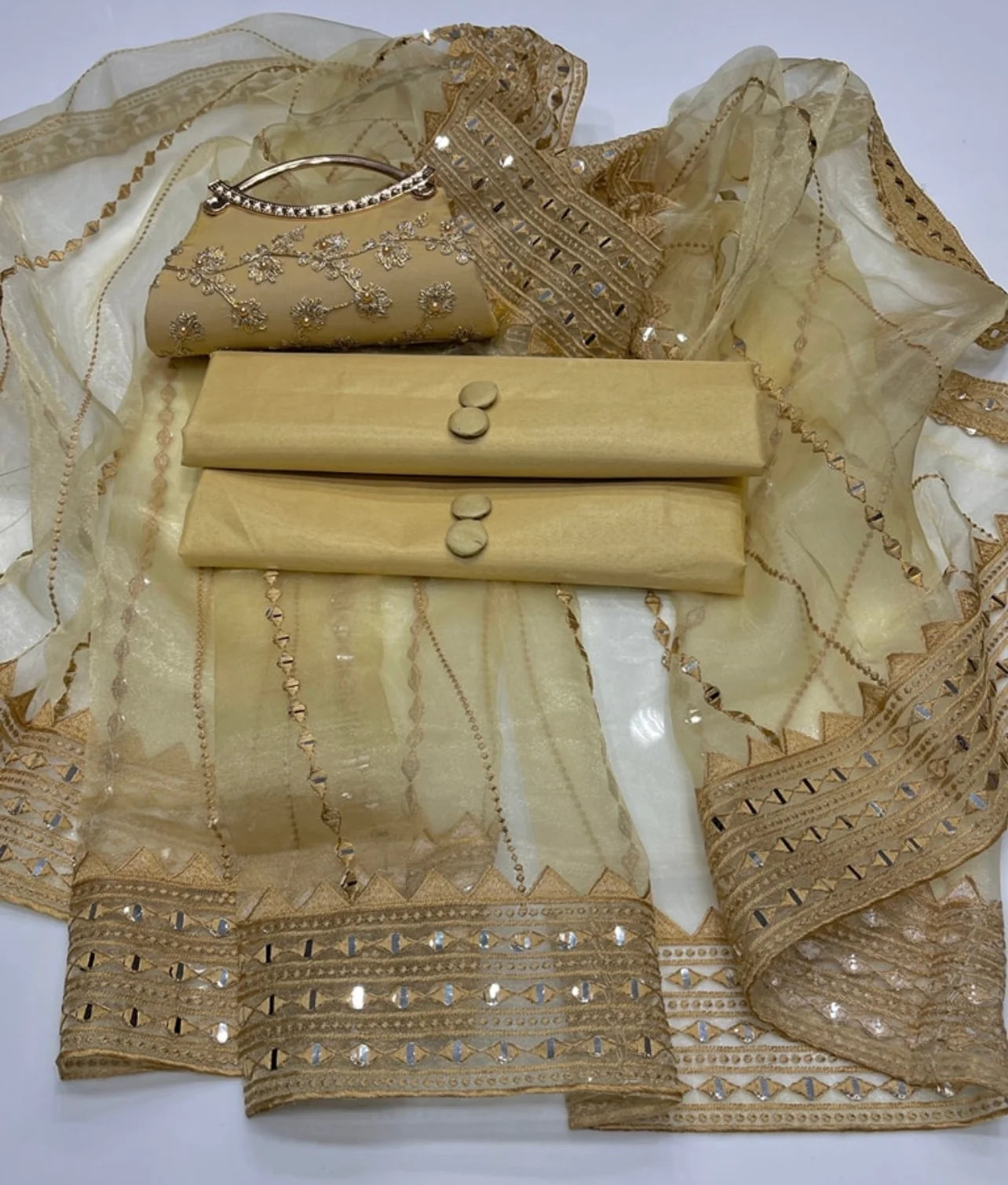 Fancy 4PC Katan Silk Outfit – 9mm Organza Dupatta + Stylish Clutch