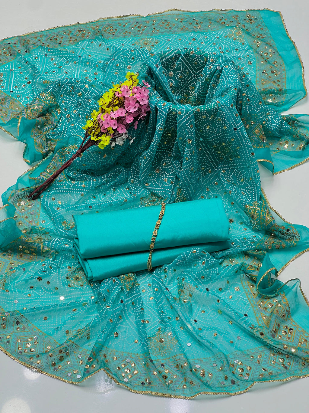 Luxury Katan Silk 3PC – Carnkal Chunri Print with Sequence Work Dupatta