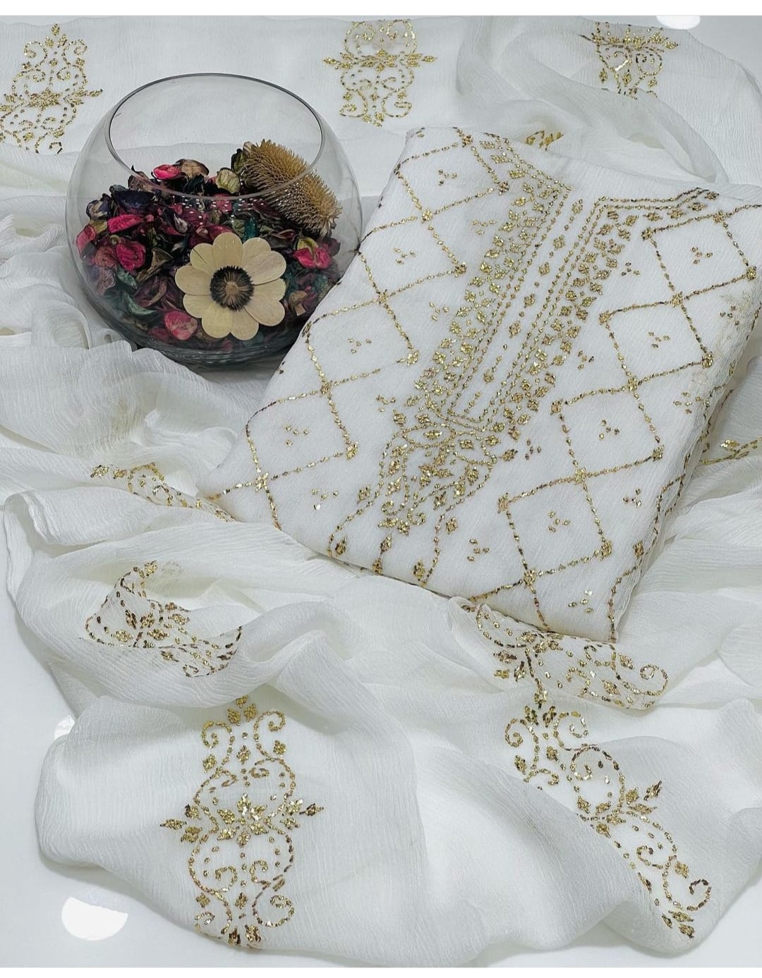 2PC Soft Chiffon Suit – Handmade Golden Mukesh & Booti Work