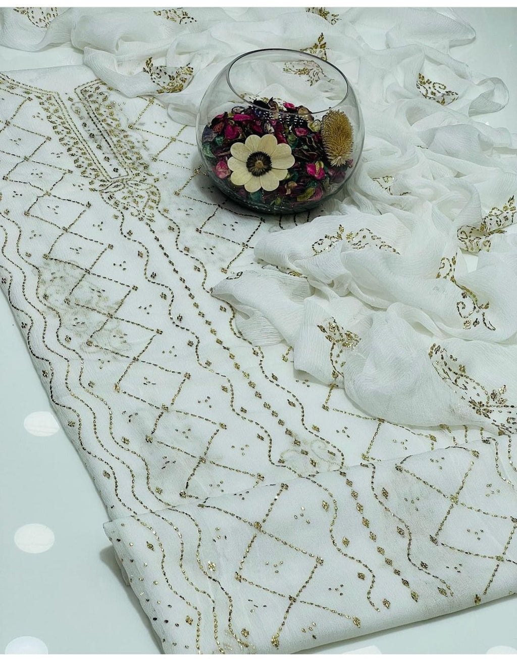 2PC Soft Chiffon Suit – Handmade Golden Mukesh & Booti Work