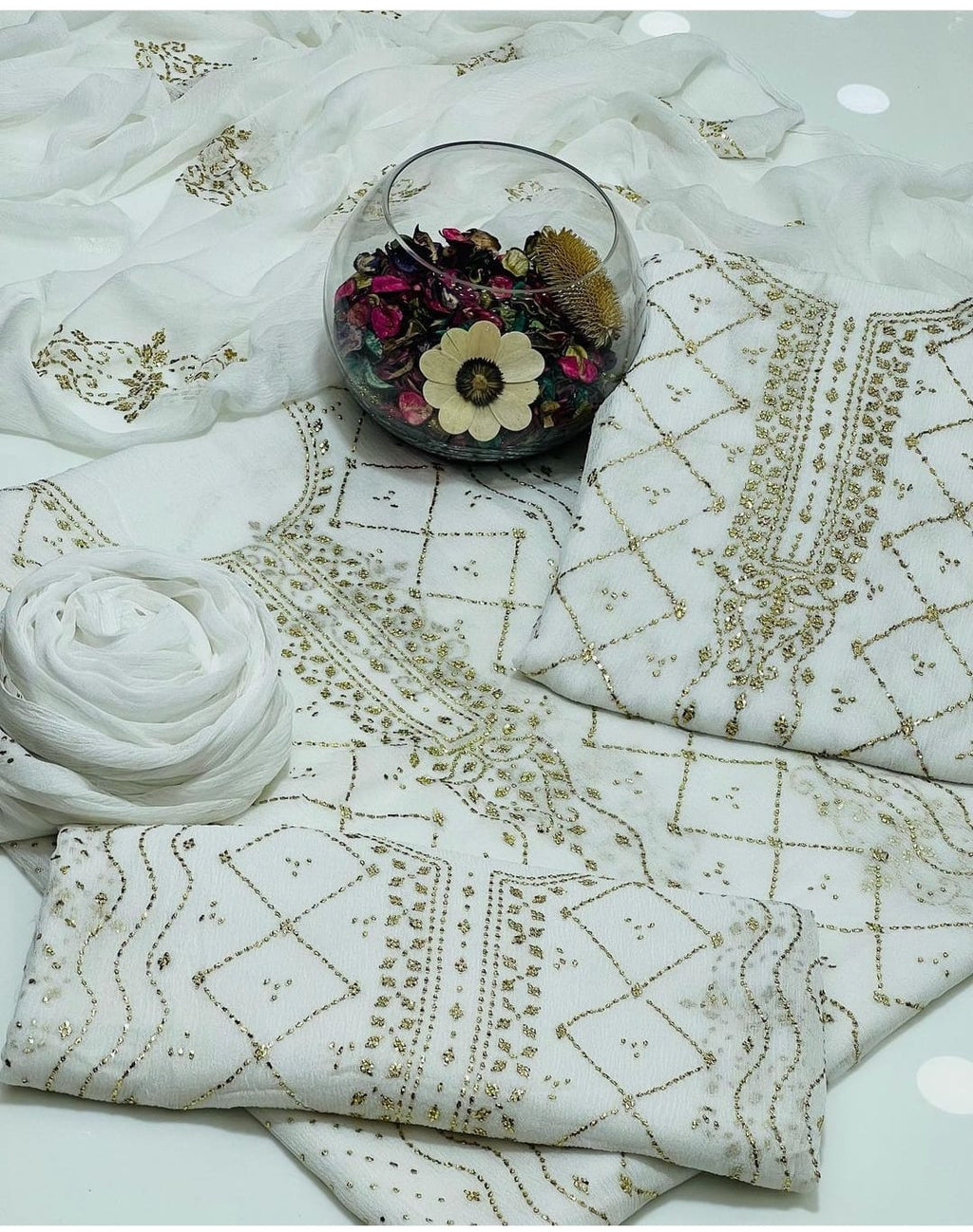 2PC Soft Chiffon Suit – Handmade Golden Mukesh & Booti Work