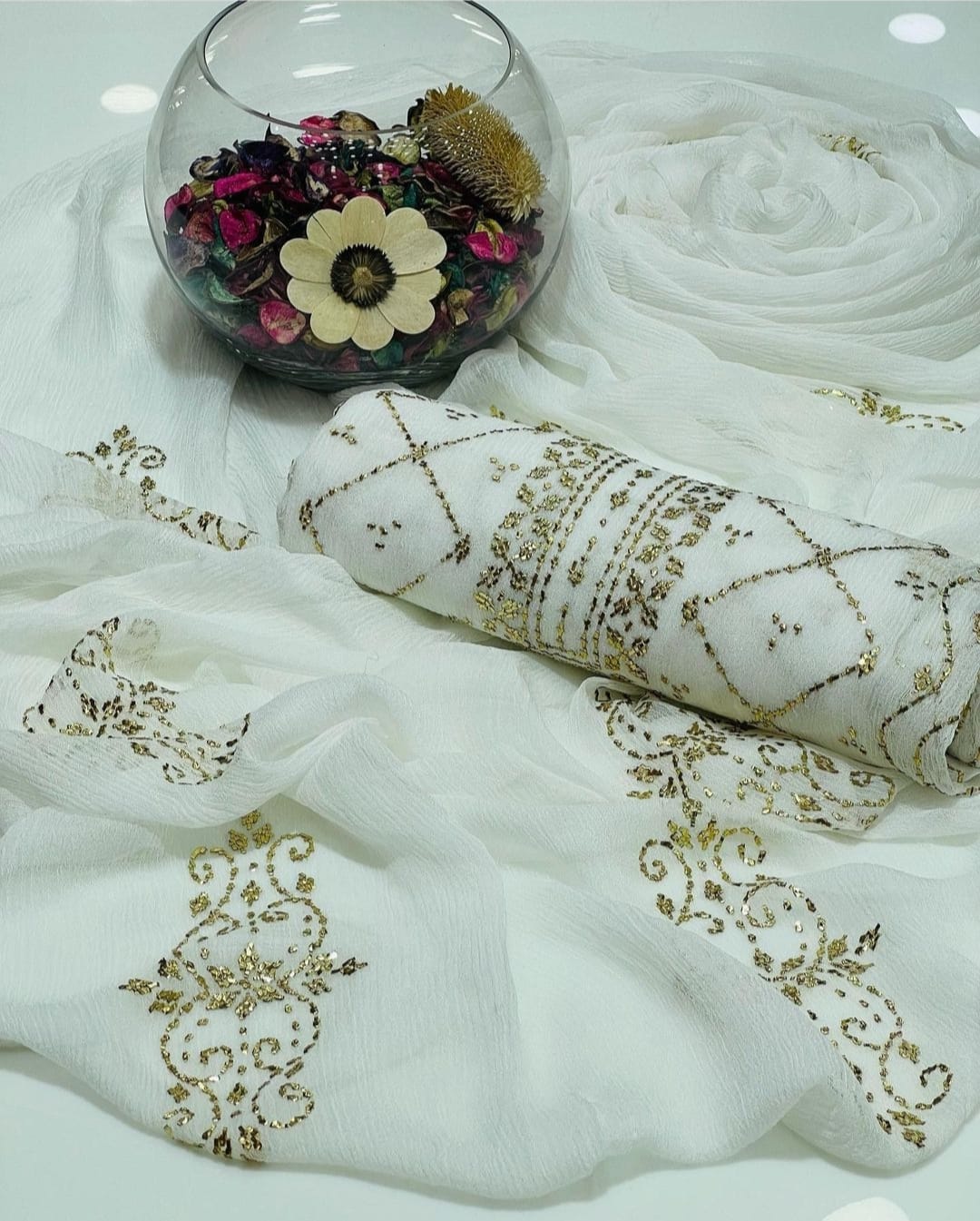 2PC Soft Chiffon Suit – Handmade Golden Mukesh & Booti Work