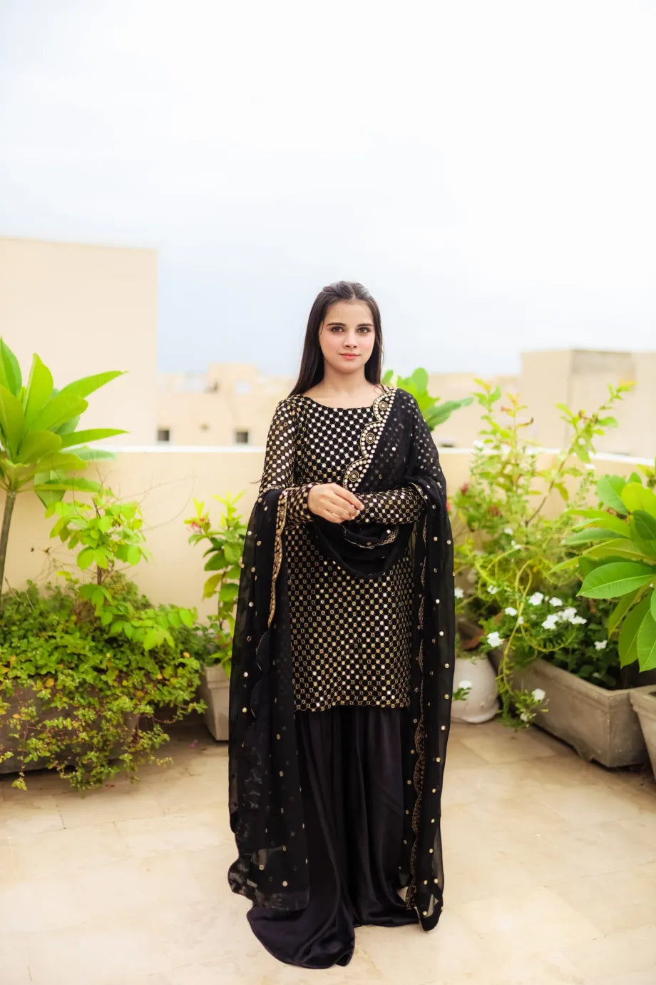 Premium Black Mirror Work Outfit – Shirt, Trouser& Dupatta