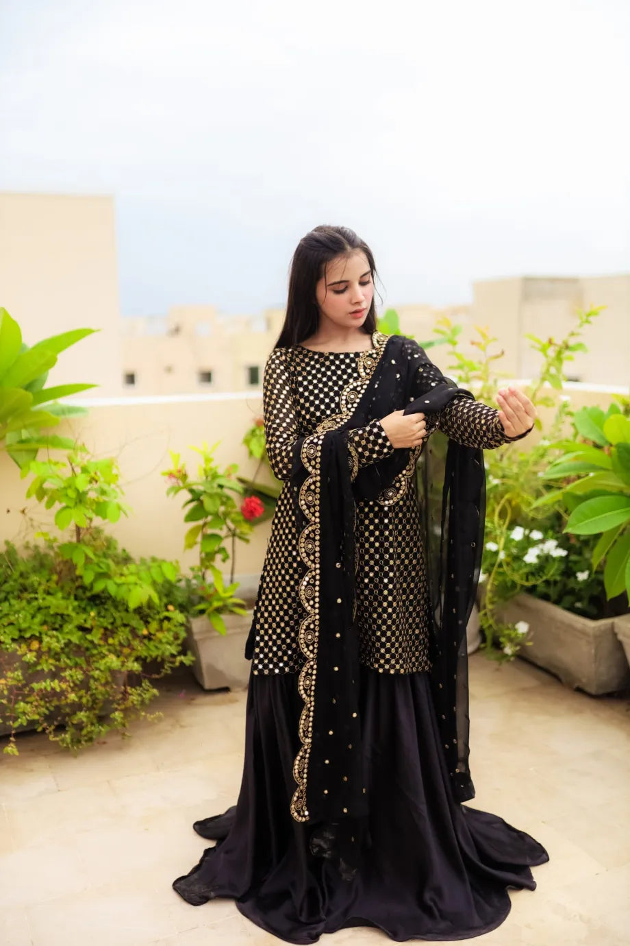 Premium Black Mirror Work Outfit – Shirt, Trouser& Dupatta