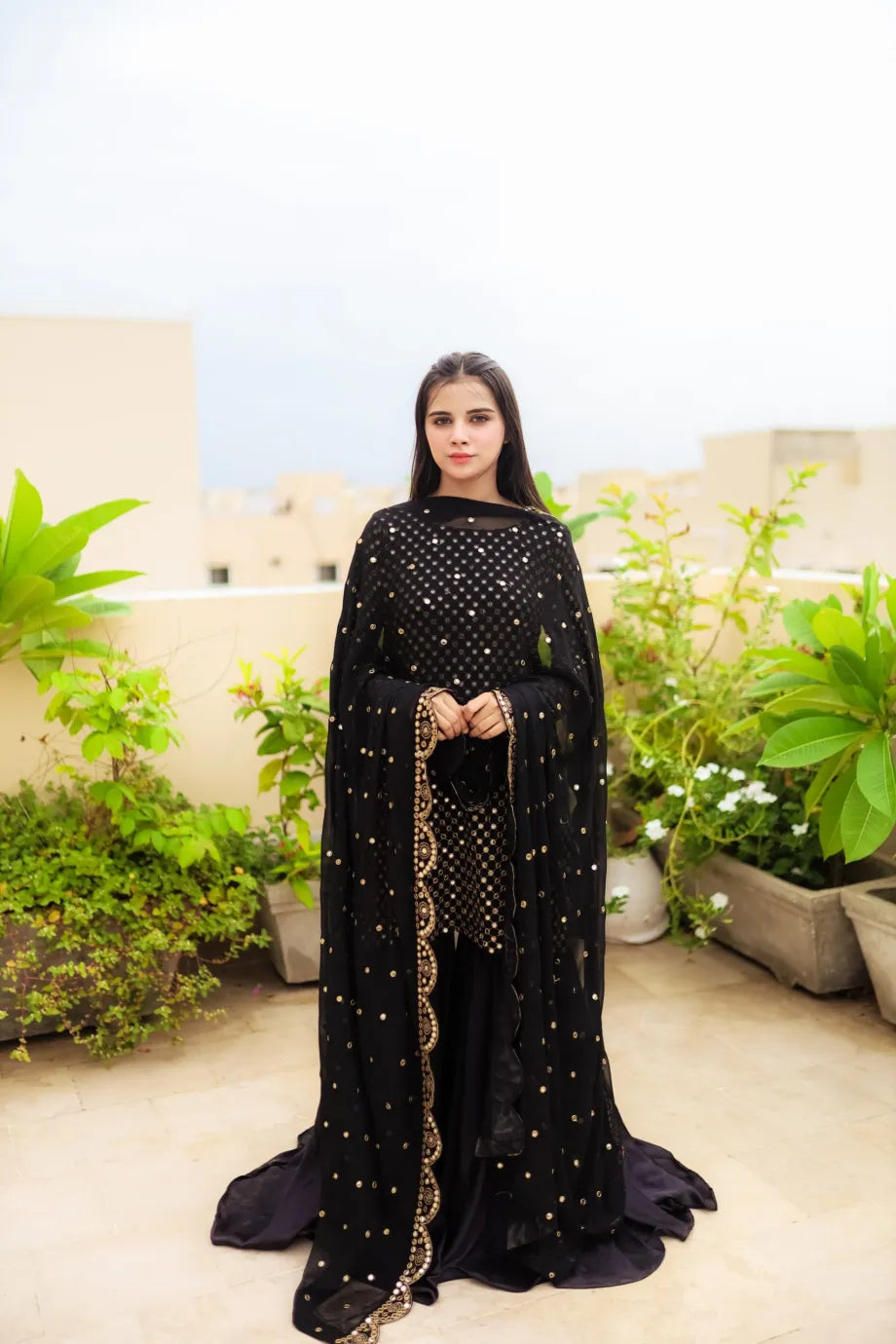 Premium Black Mirror Work Outfit – Shirt, Trouser& Dupatta