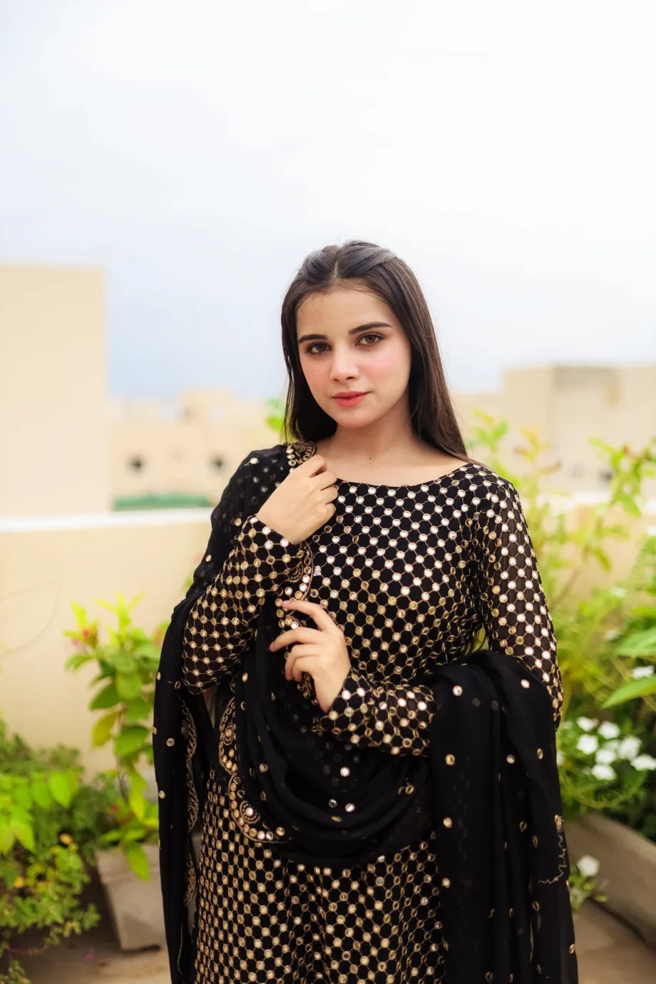 Premium Black Mirror Work Outfit – Shirt, Trouser& Dupatta