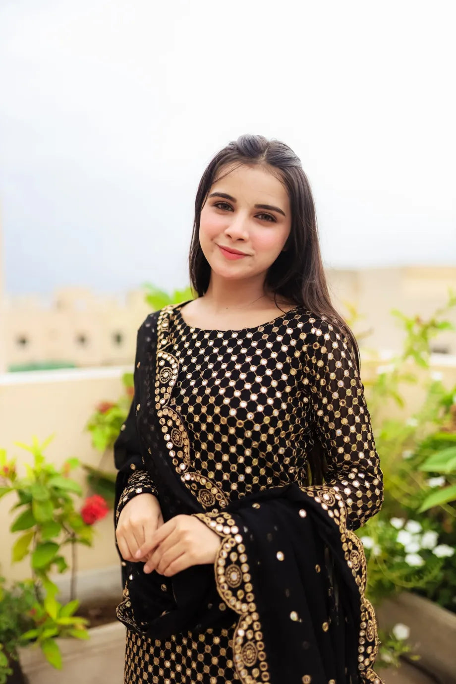 Premium Black Mirror Work Outfit – Shirt, Trouser& Dupatta