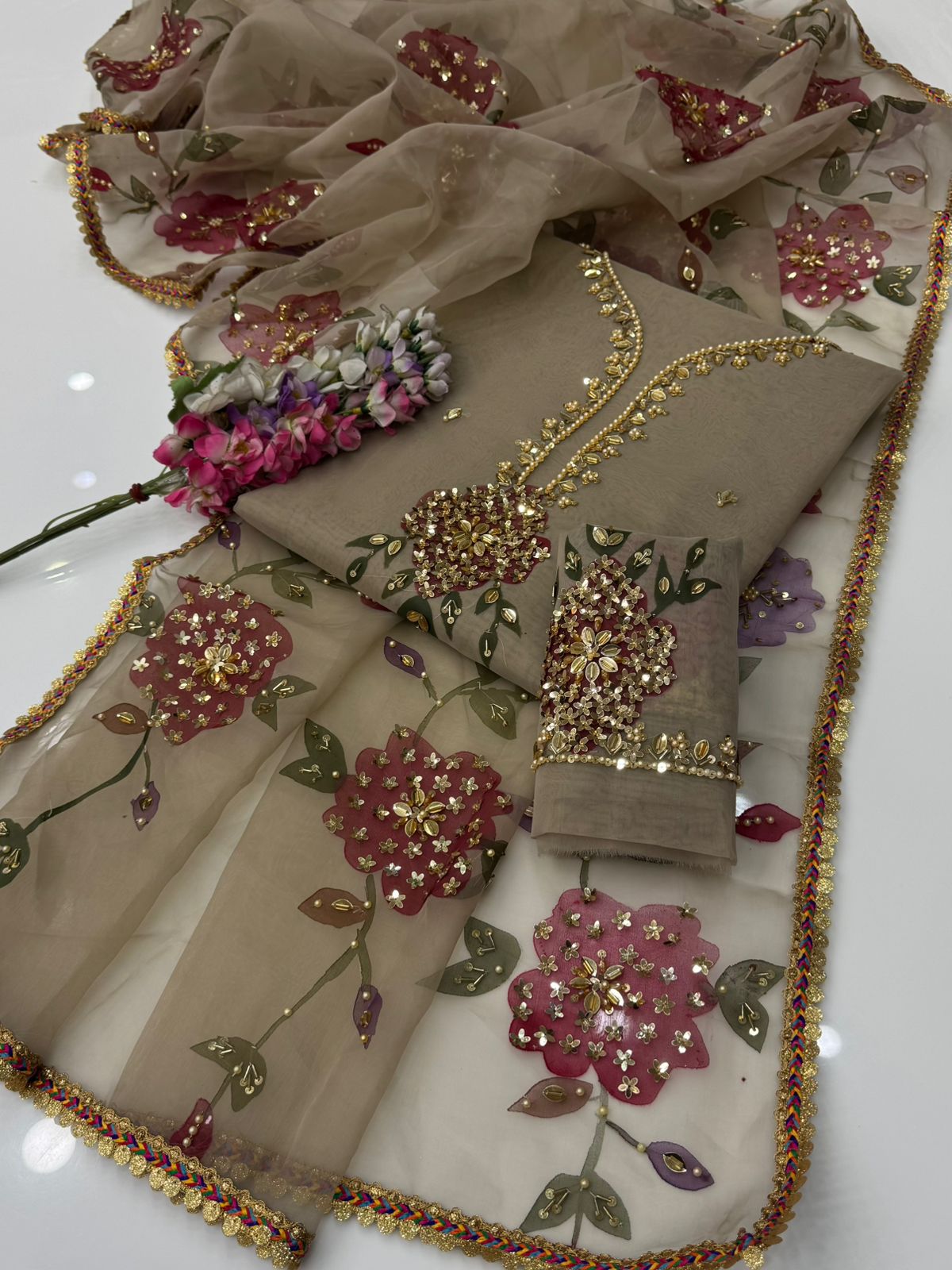 Luxury Organza Brush Paint, Pearl Cutdana Embellishments | Unstitched