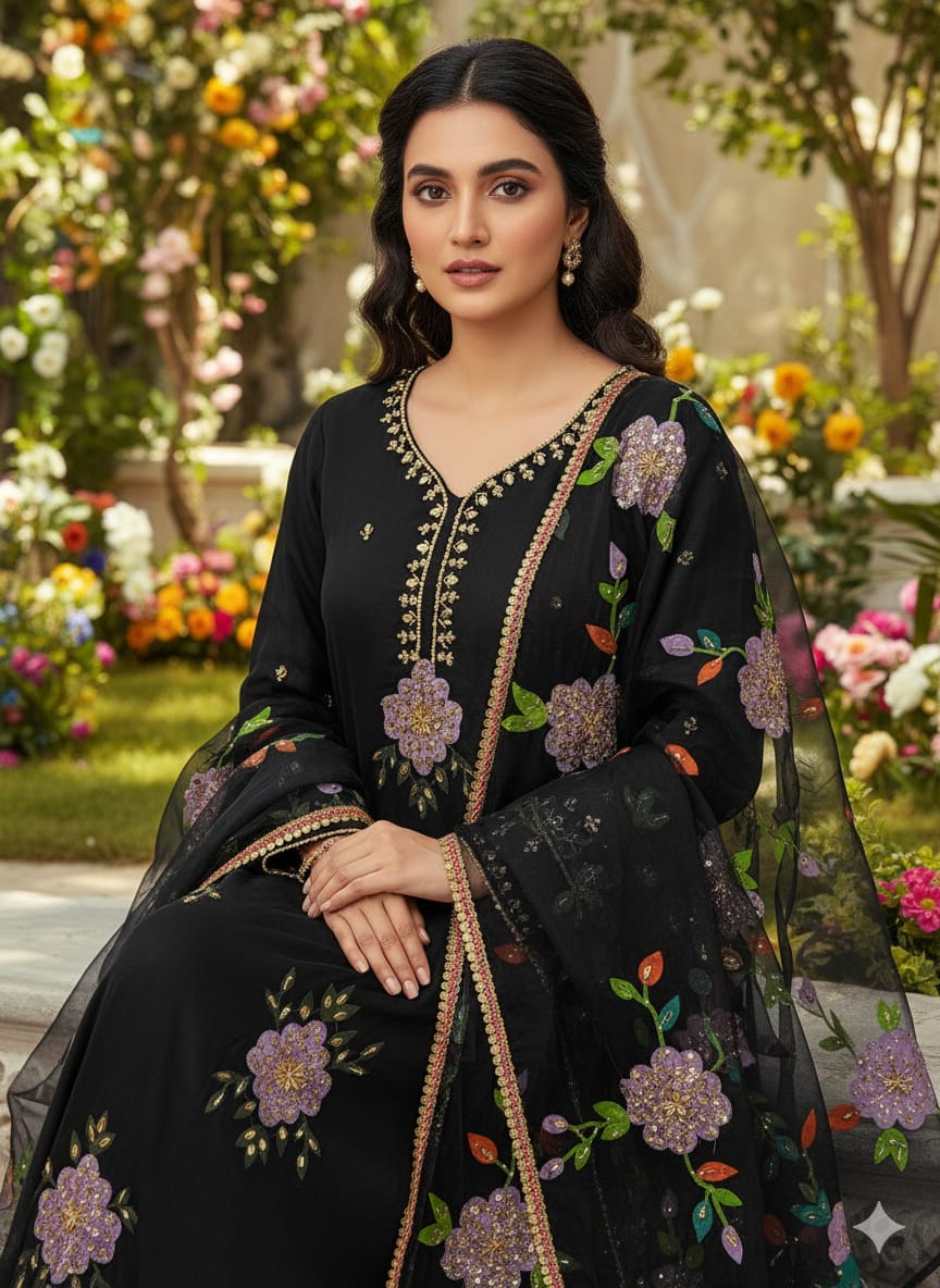 Luxury Organza Brush Paint, Pearl Cutdana Embellishments | Unstitched