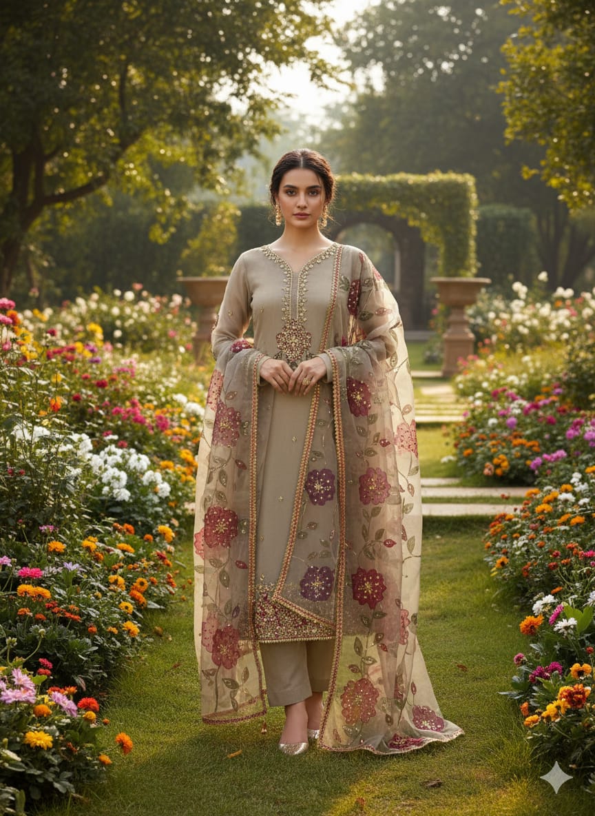 Luxury Organza Brush Paint, Pearl Cutdana Embellishments | Unstitched