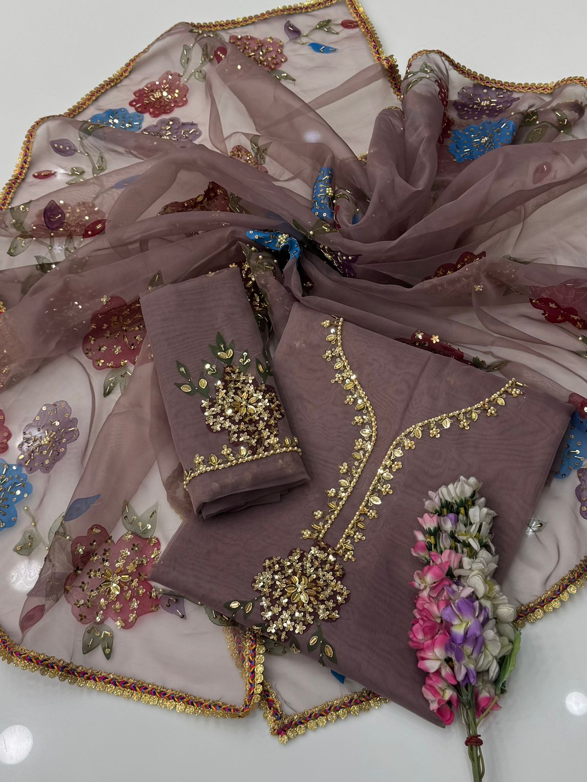 Luxury Organza Brush Paint, Pearl Cutdana Embellishments | Unstitched