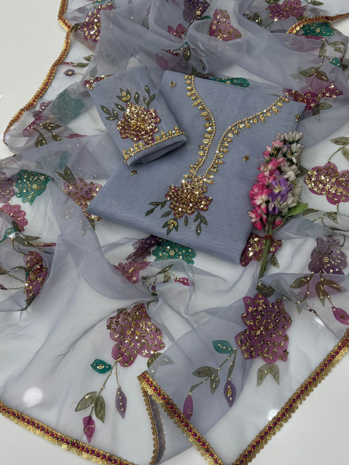 Luxury Organza Brush Paint, Pearl Cutdana Embellishments | Unstitched