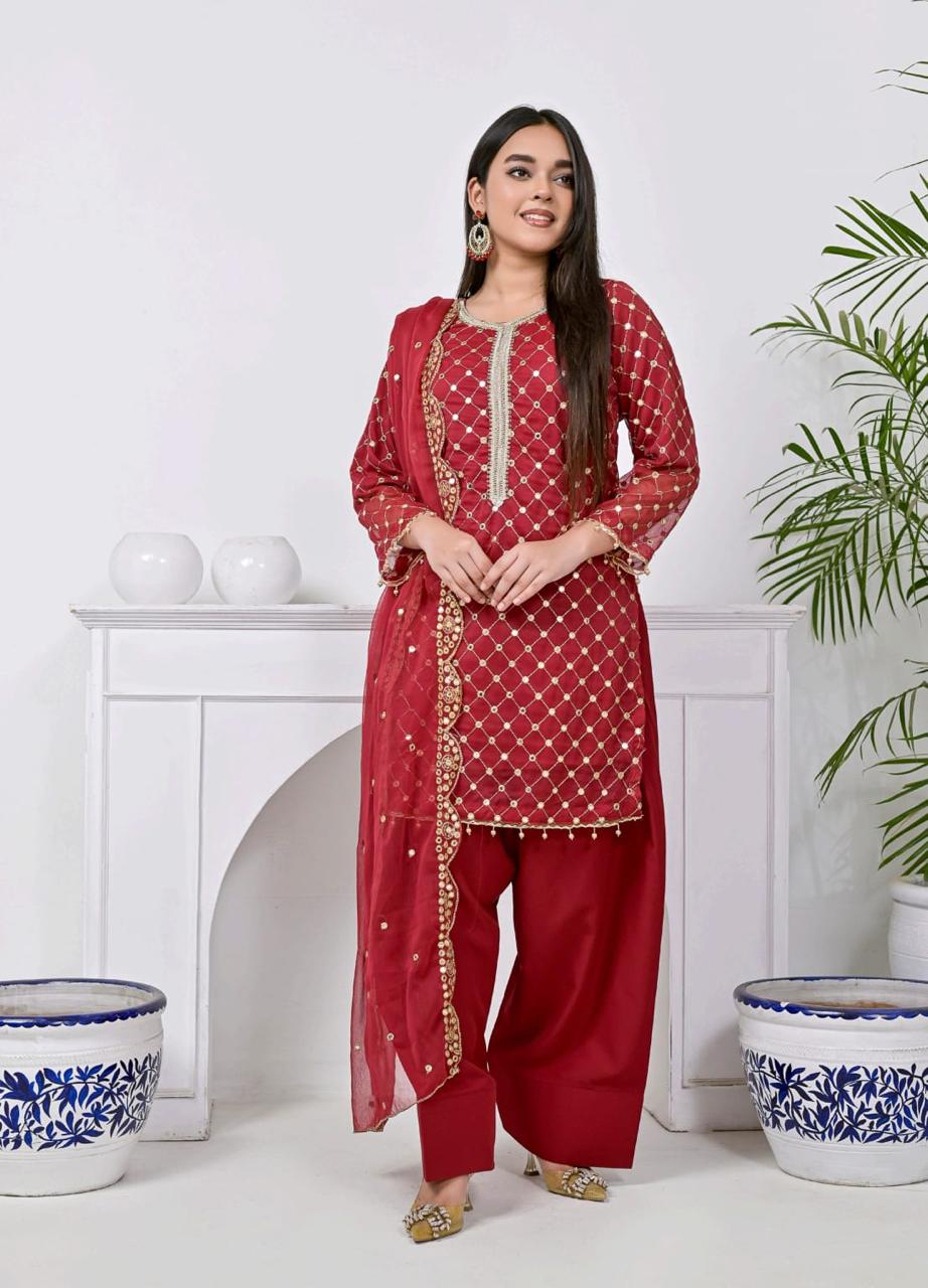 Luxury Premium Stara Pane Work Outfit – Designer Shirt, Trouser & Dupatta