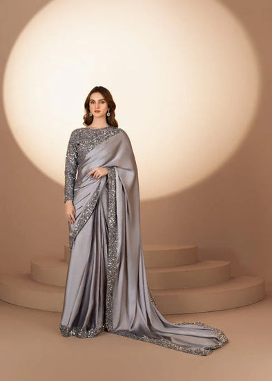 Shamoze Silk Party Wear Saree – 4-Side Sequence Border with Blouse | Gray