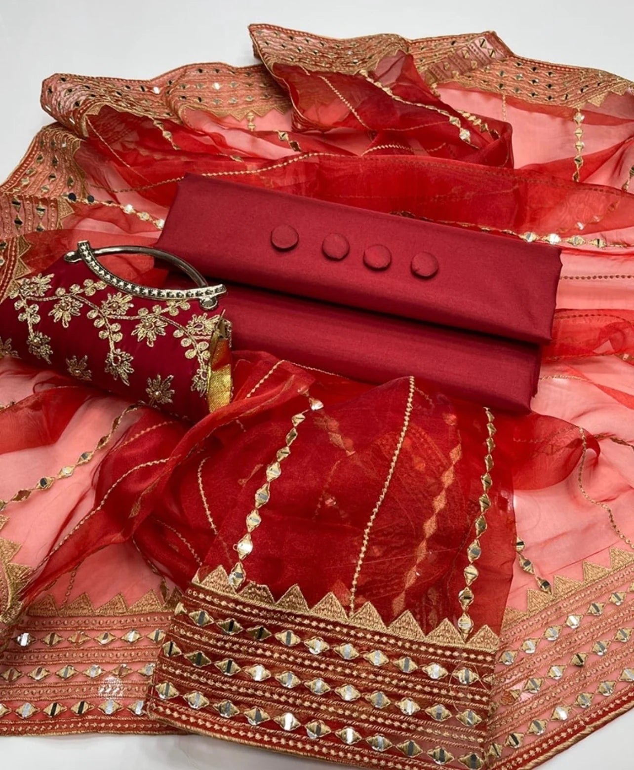 Fancy 4PC Katan Silk Outfit – 9mm Organza Dupatta + Stylish Clutch