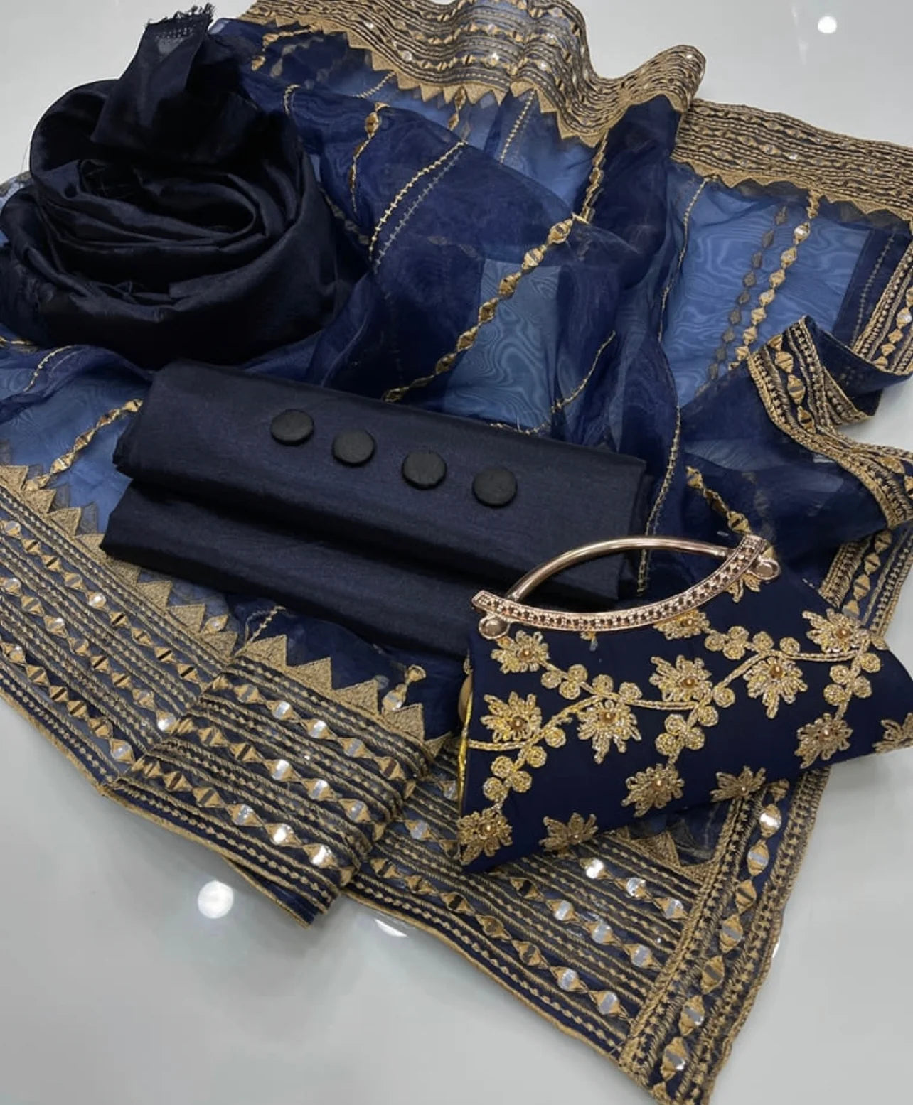 Fancy 4PC Katan Silk Outfit – 9mm Organza Dupatta + Stylish Clutch